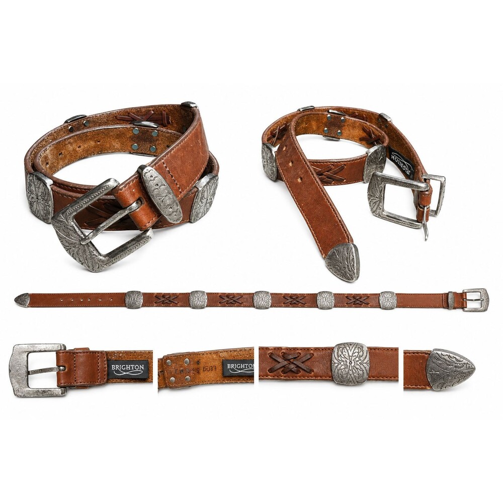 Vintage 1991 Brighton Western Concho Leather Belt Brown Silver Size M